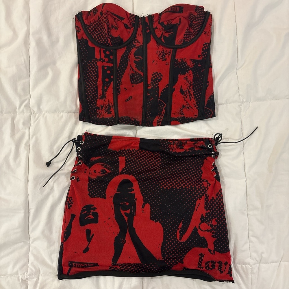 Edikted Red and Black Mini Skirt Set for Night Out